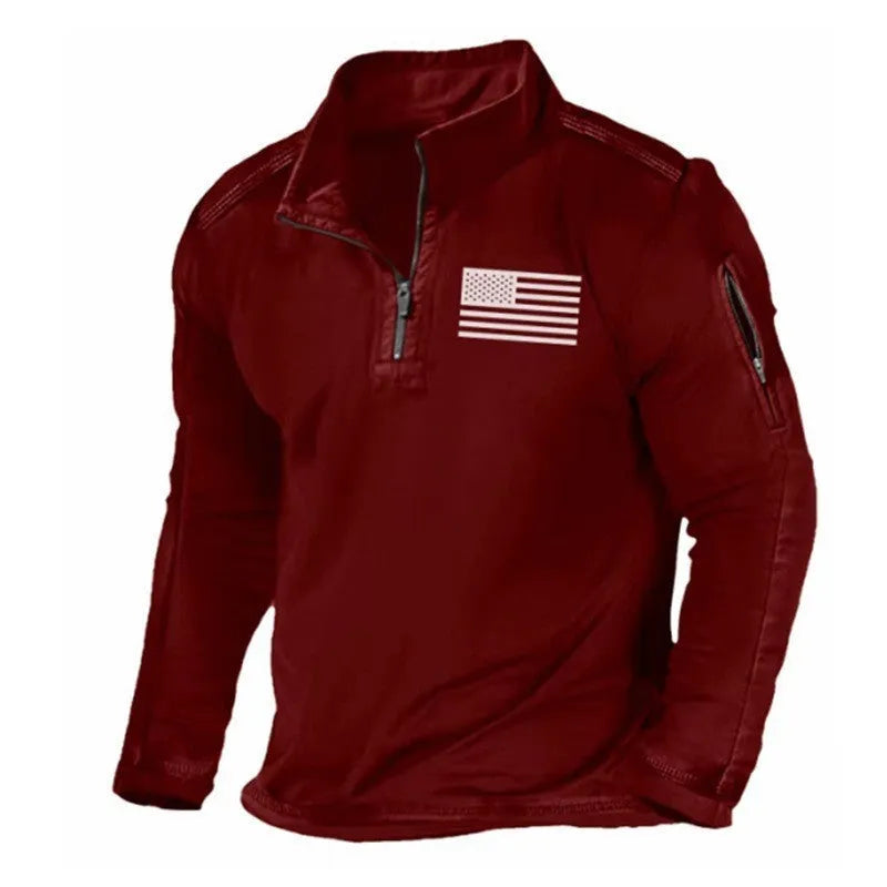 Men's dark coloured zip-up stand collar long sleeve sweater on a white background