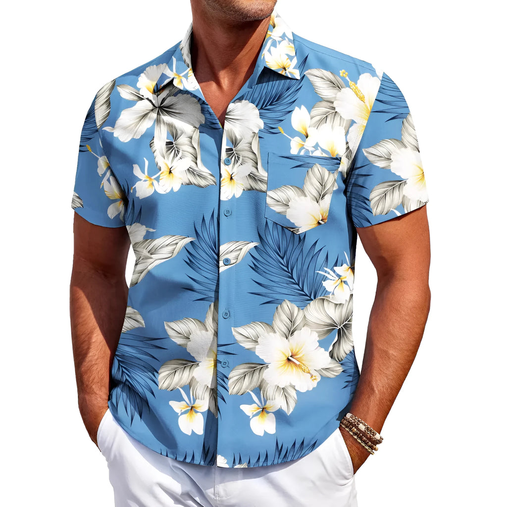 Men's slim-fit Hawaiian shirt cardigan in elastic polyester fabric with short sleeves