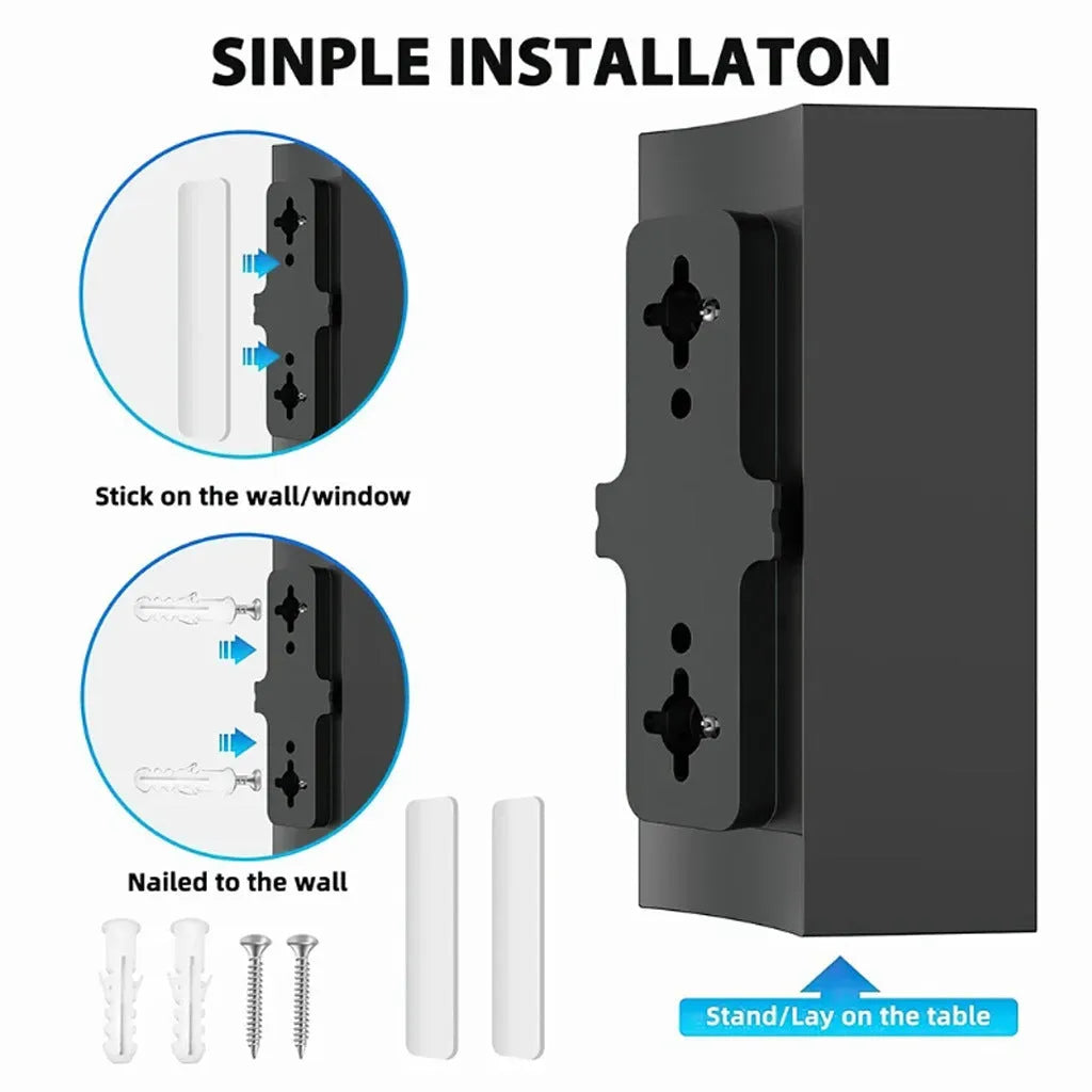 Black plastic indoor HD television antenna with mounting hardware including expansion tubes, screws, cable ties, and adhesive tape