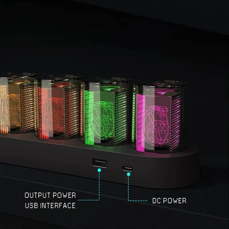 RGB LED digital tube clock showing colourful display with black plastic casing on wooden desk