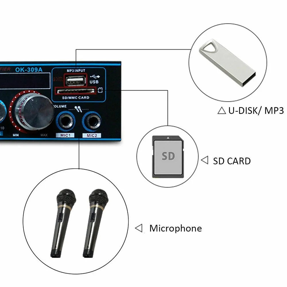 BT-309A-A black Bluetooth power amplifier with recording function for home and car use