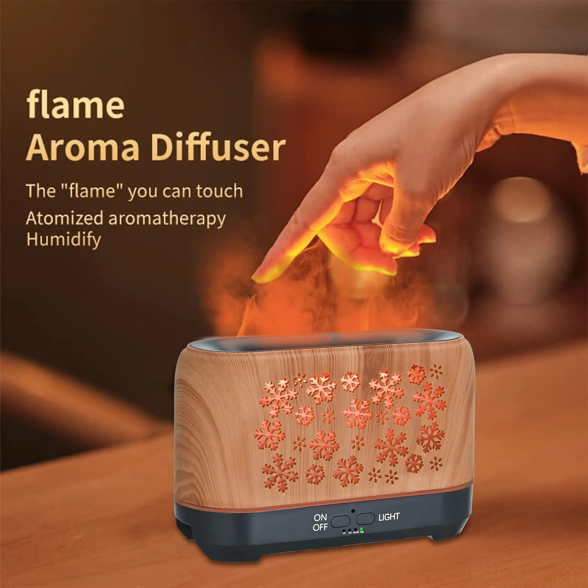 Colourful snowflake wood grain flame effect aromatherapy humidifier diffuser on a desktop with remote control.