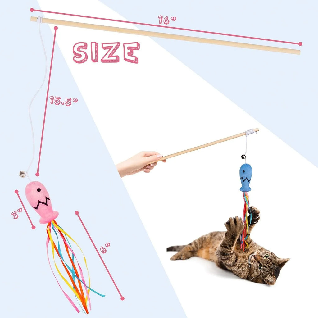 Cat wand toy with wooden handle, colourful ribbons, catnip fish attachment and bell for indoor feline play