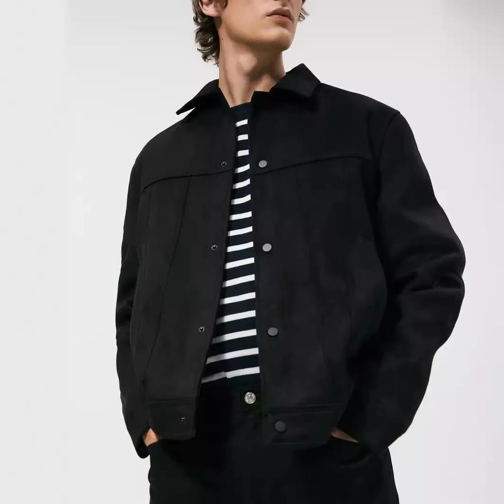 Men's black hooded jacket with suede collar showing front view with pockets
