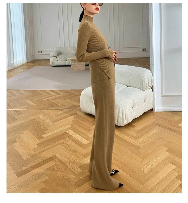Women's apricot knitted three-piece set showing sweater, cardigan, and wide-leg pants with leather stitching detail