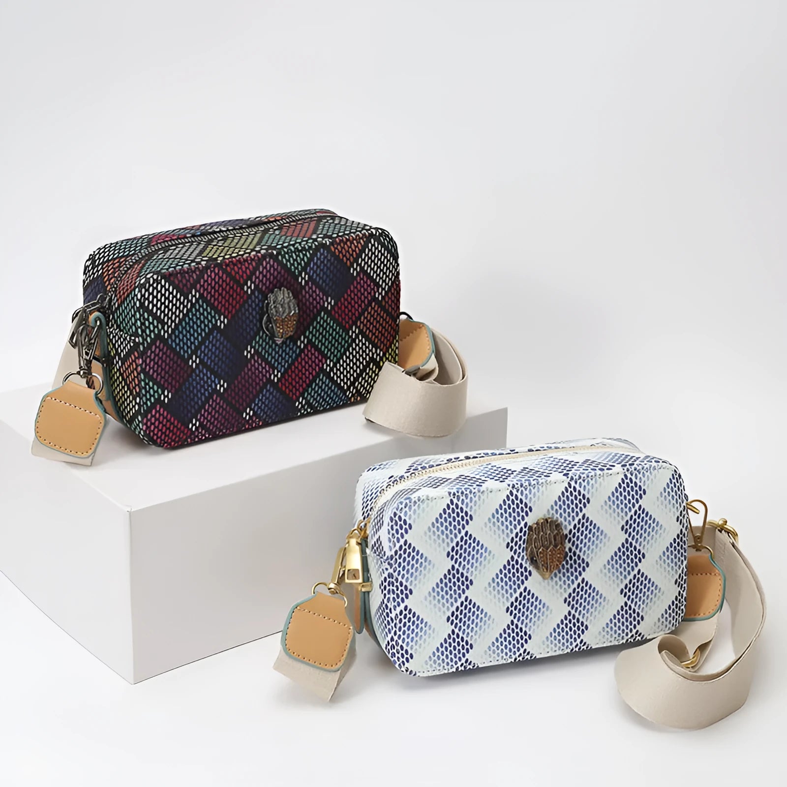 Soft PU camera bag with eagle head wide shoulder strap in blue, outer sandwich pocket, horizontal square shape