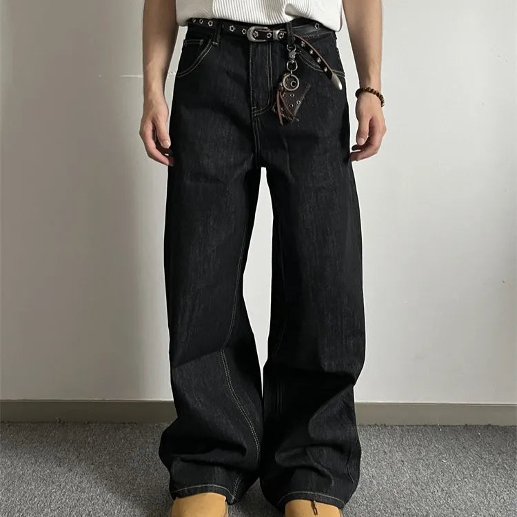 Black retro loose wide-leg straight-leg jeans on a model.