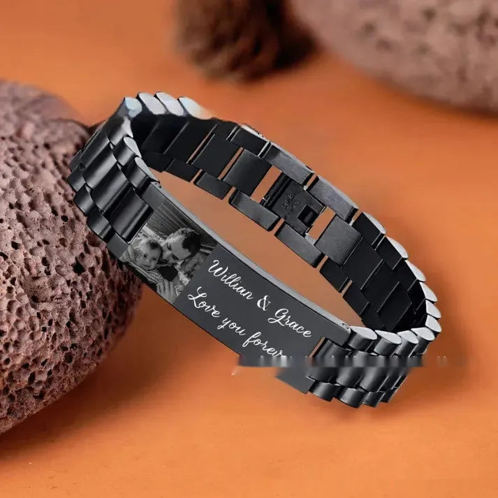 Men's stainless steel bracelet with curved heart shape and engraved lettering in gift box