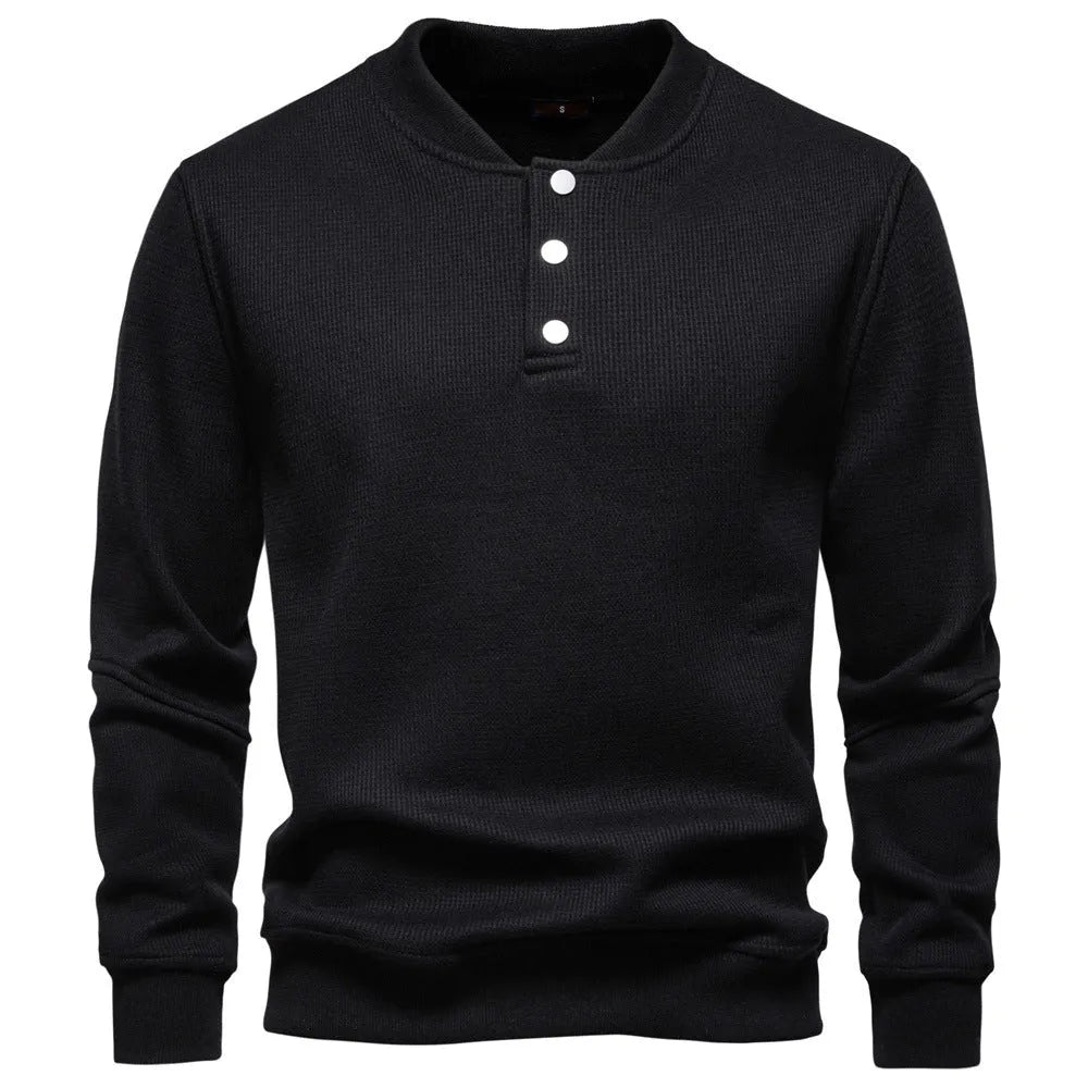 New fleece-lined men's round neck sweatshirt in solid colour with long sleeves and ribbed cuffs