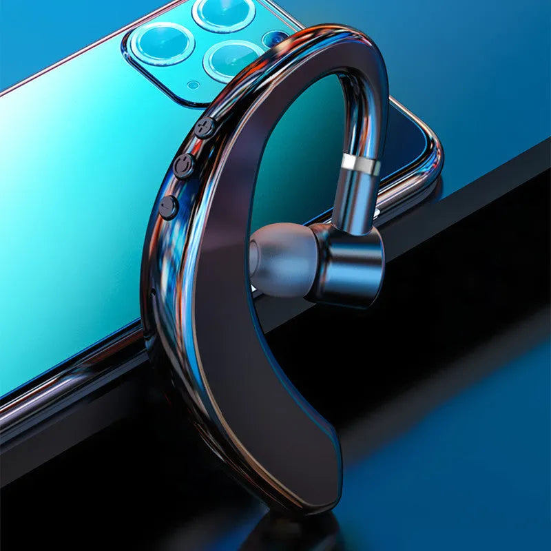 A black or blue unilateral in-ear wireless Bluetooth headset shown worn on one ear.