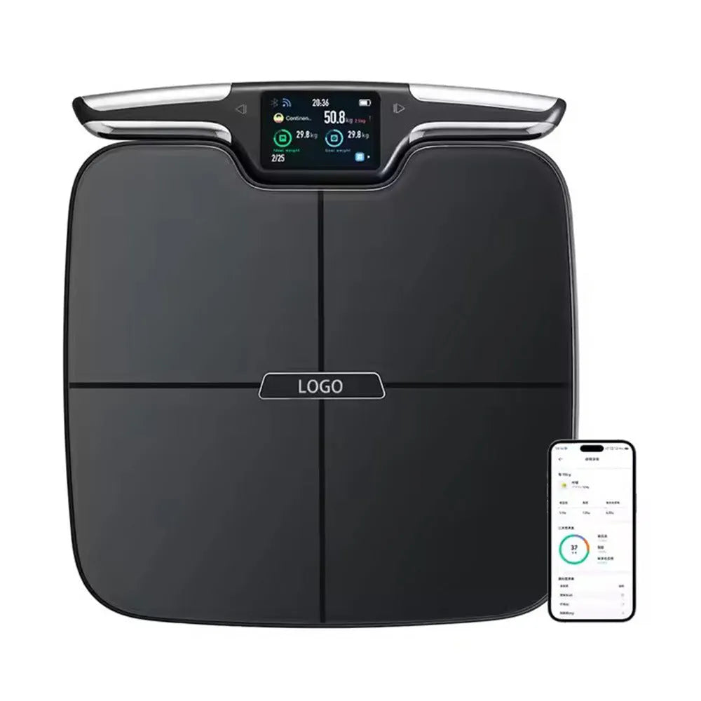 Black eight-electrode intelligent body fat scale on a floor