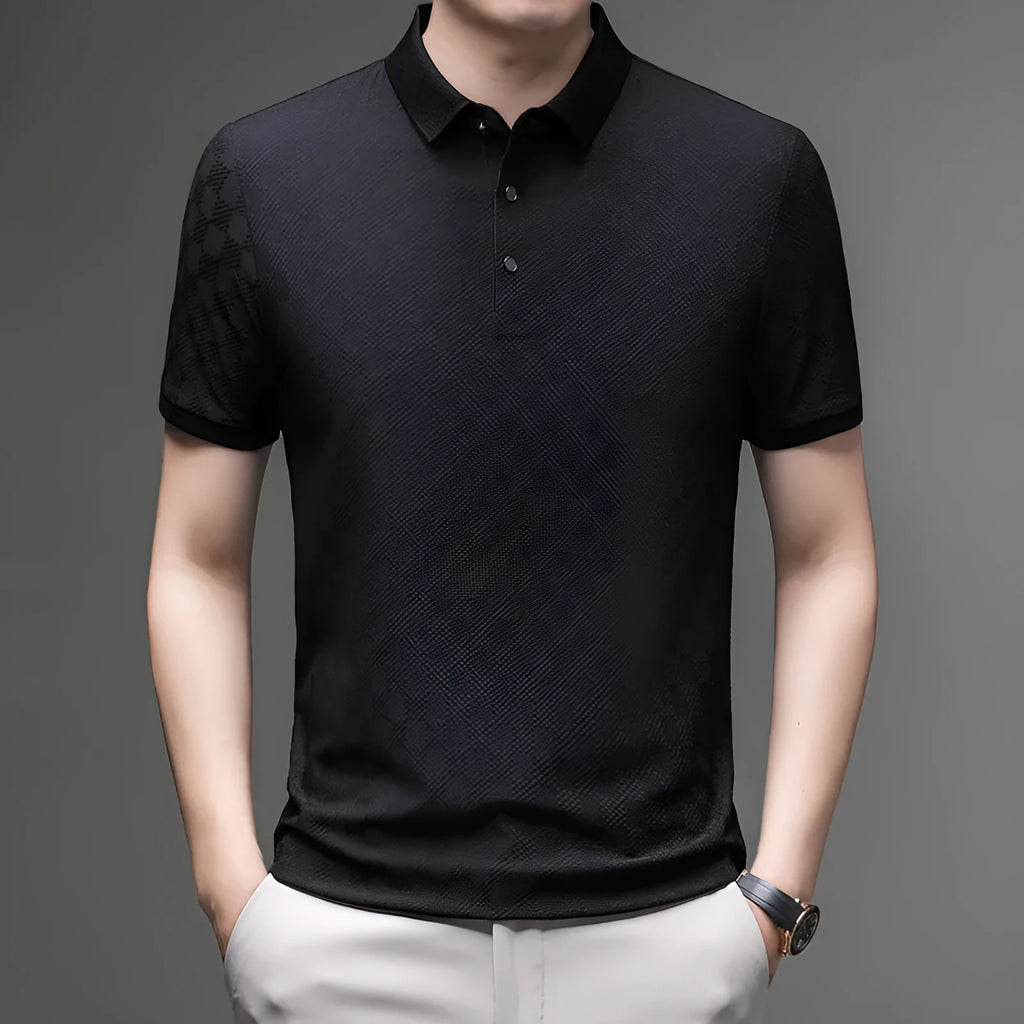 Rhombus patterned thin ice silk short sleeve T-shirt in black, showing V-neck and slit design detail.
