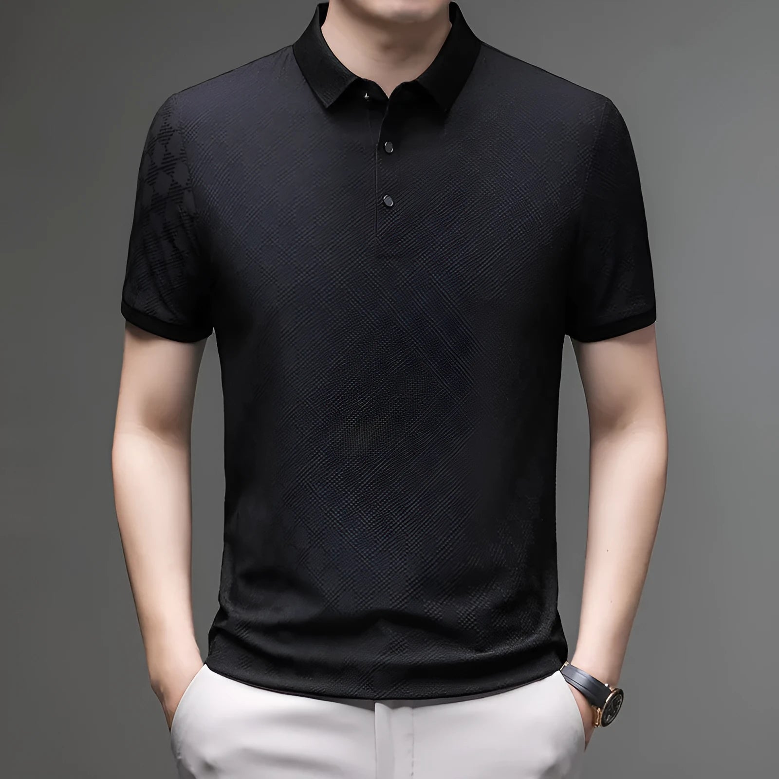 Rhombus patterned thin ice silk short sleeve T-shirt in black, showing V-neck and slit design detail.