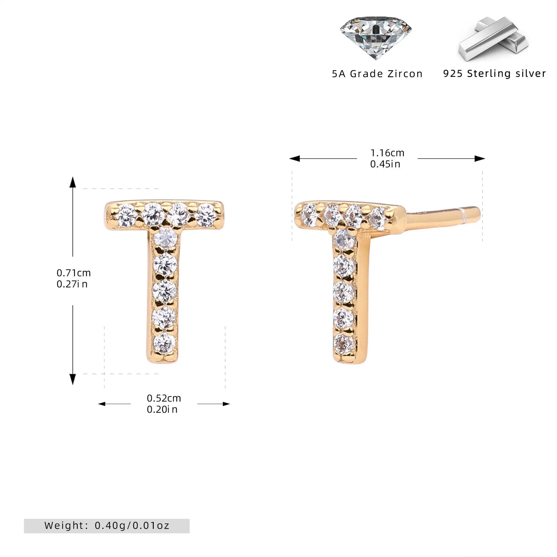 925 silver letter ear stud with electroplated gold finish, alphabet motif