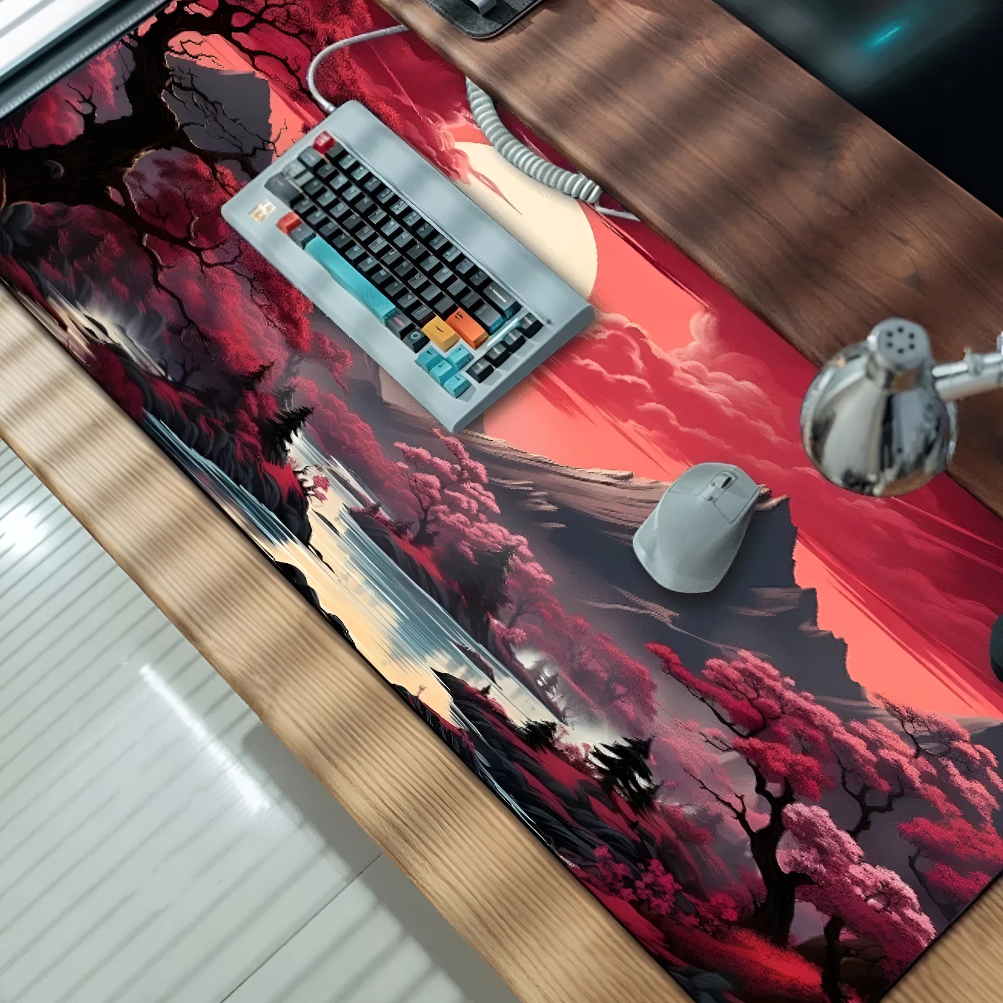 Gaming mouse pad with anime graphic design on a desk, showing non-slip rubber cloth base