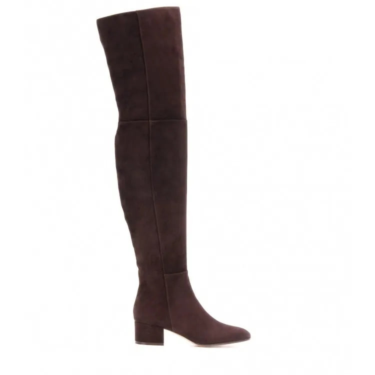 Grey suede women's over-the-knee flat boots with a low chunky heel and pointed toe.
