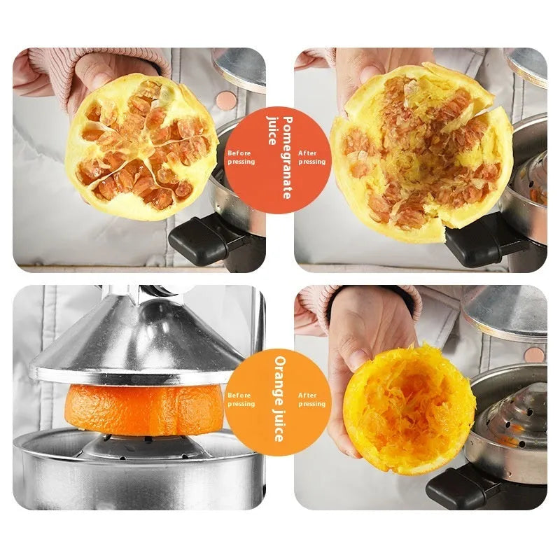 Black cast iron manual juicer with stainless steel strainer measuring 40cm in height