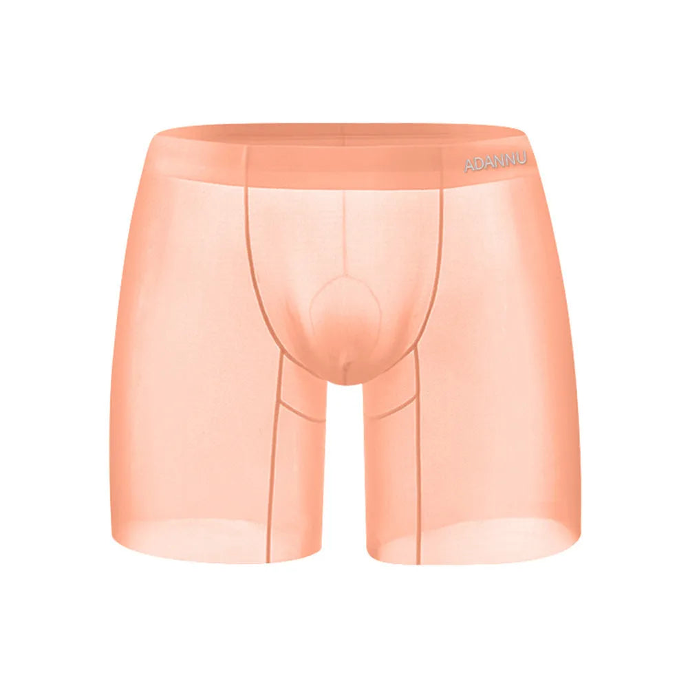 Men's orange seamless low-waist boxer shorts with hip lift function on a flat lay