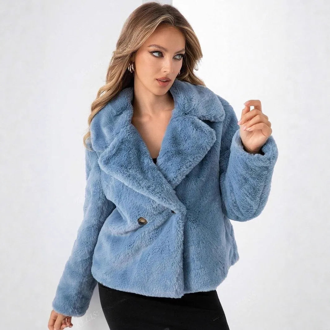 Women's short loose faux fur coat in rose red colour with regular sleeves.