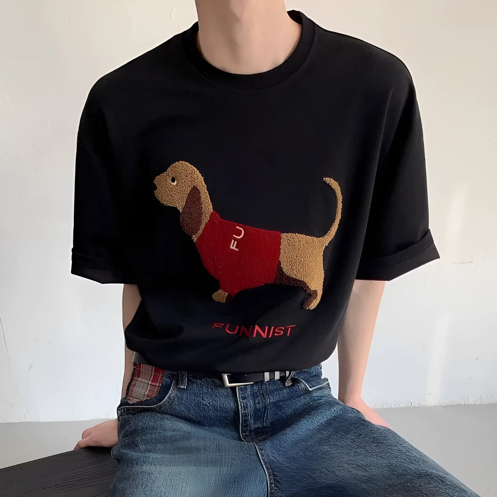 Grey men's round neck T-shirt with an embroidered brown sausage dog design on the front.