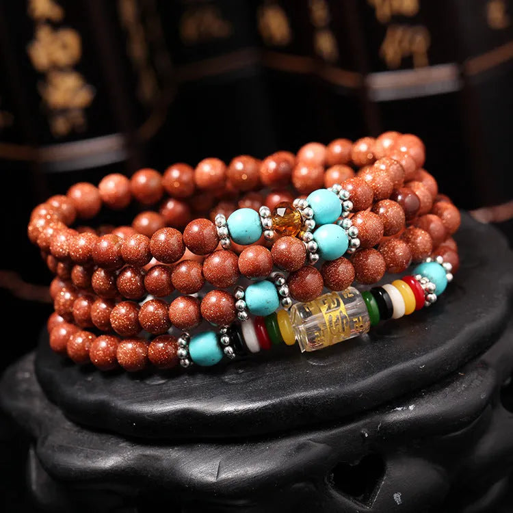 Golden star stone women's mantra bracelet with 108-piece nugget sand construction and fu character ornament