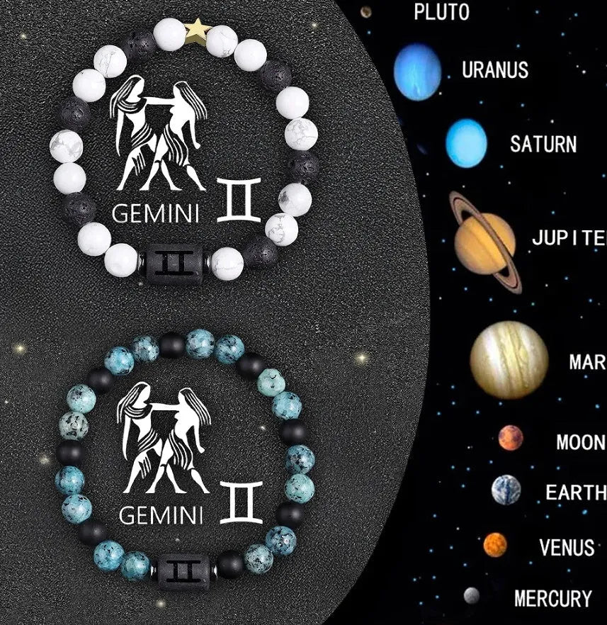 Set of two natural stone beaded bracelets featuring all twelve zodiac sign designs