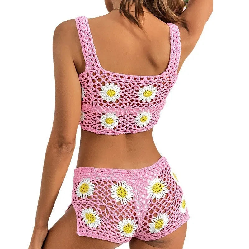 Light green floral pattern bikini top and pants set for swimming and surfing