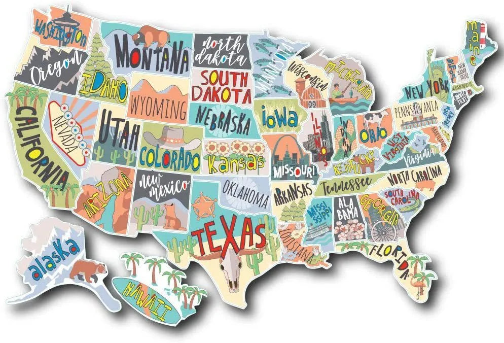 Travel-themed car body sticker set with world map designs and lettering in adhesive vinyl material