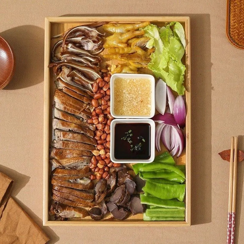 Square bamboo barbecue serving tray with brown handle in medium and small sizes