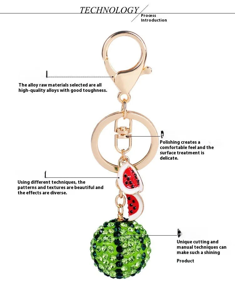 Green watermelon fruit keychain made from zinc alloy measuring 12 cm in length