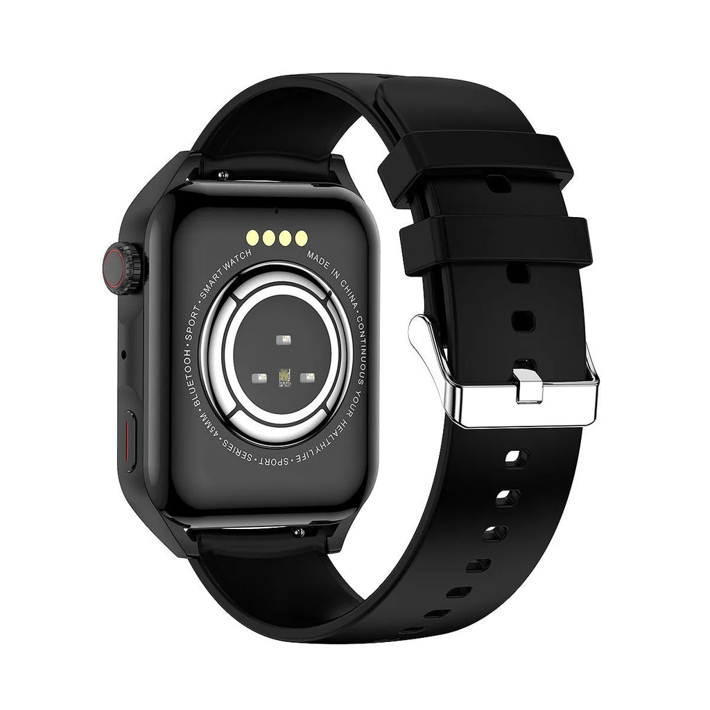 Smart watch with AMOLED screen and silicone strap showing black, pink and silver grey colour options