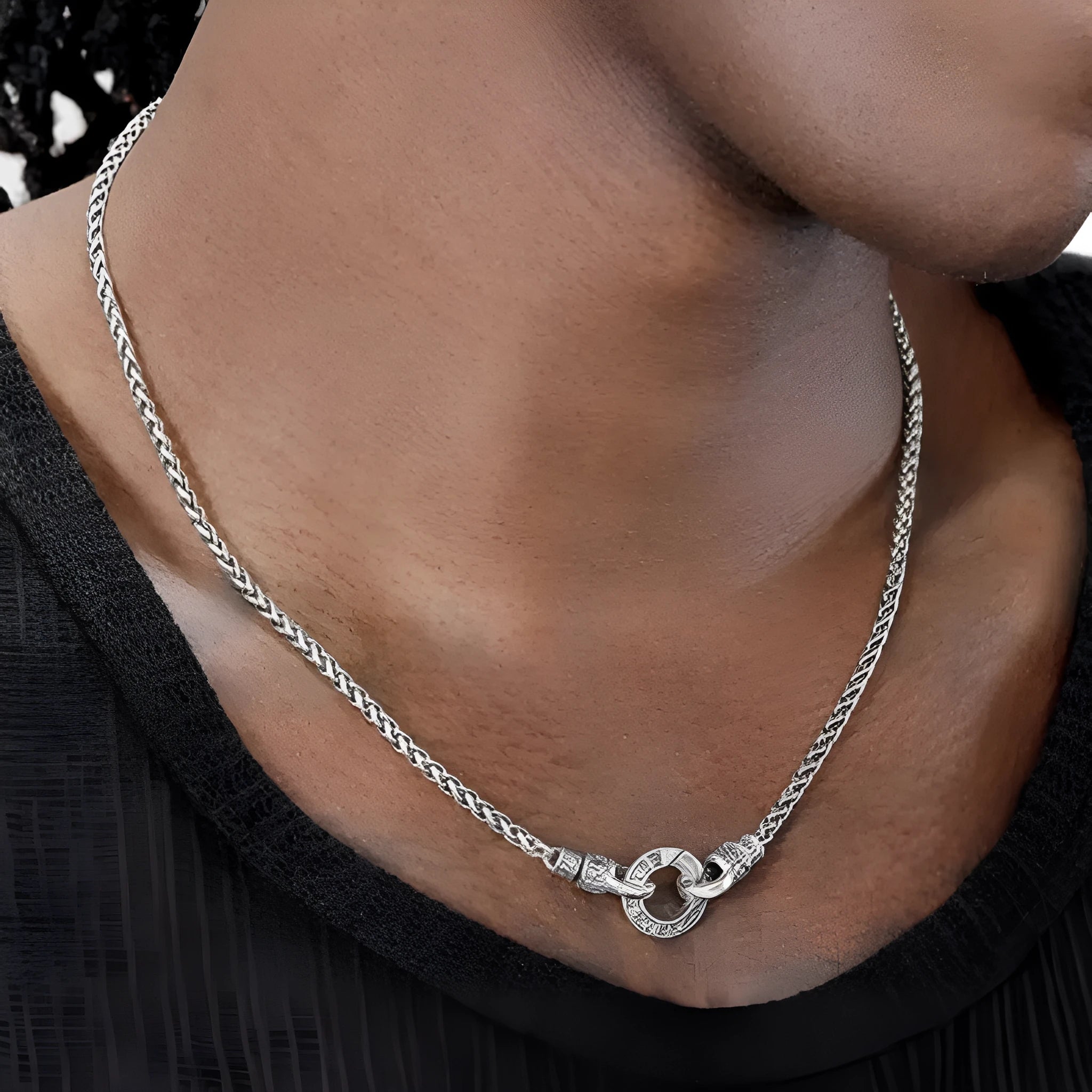 S925 sterling silver clavicle necklace for women on a model, showing its length.
