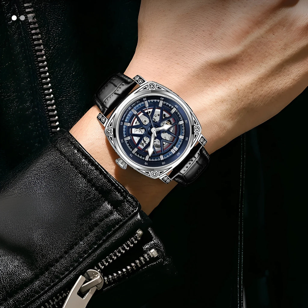 Men's automatic watch with stainless steel case and blue leather strap