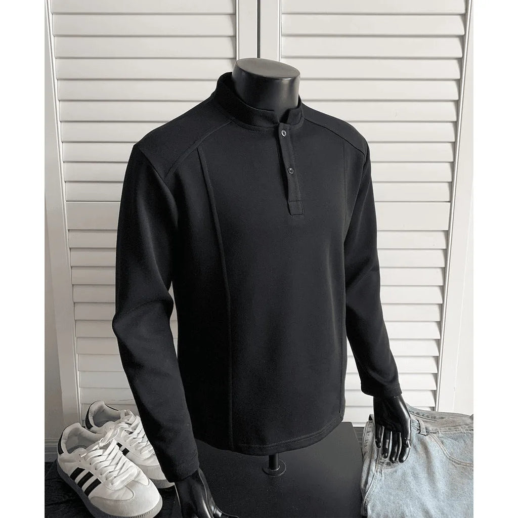 Men's loose fit polo shirt with asymmetric design and patchwork collar in Chinese cotton