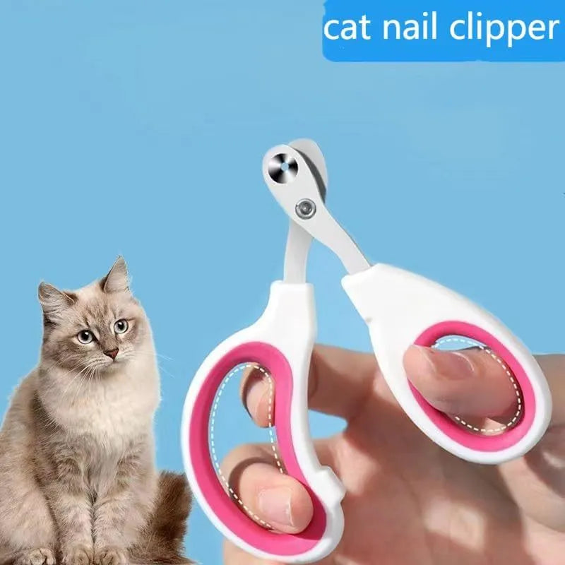 Blue cat nail clippers with circular cut hole and cushioned handle for safe pet nail trimming