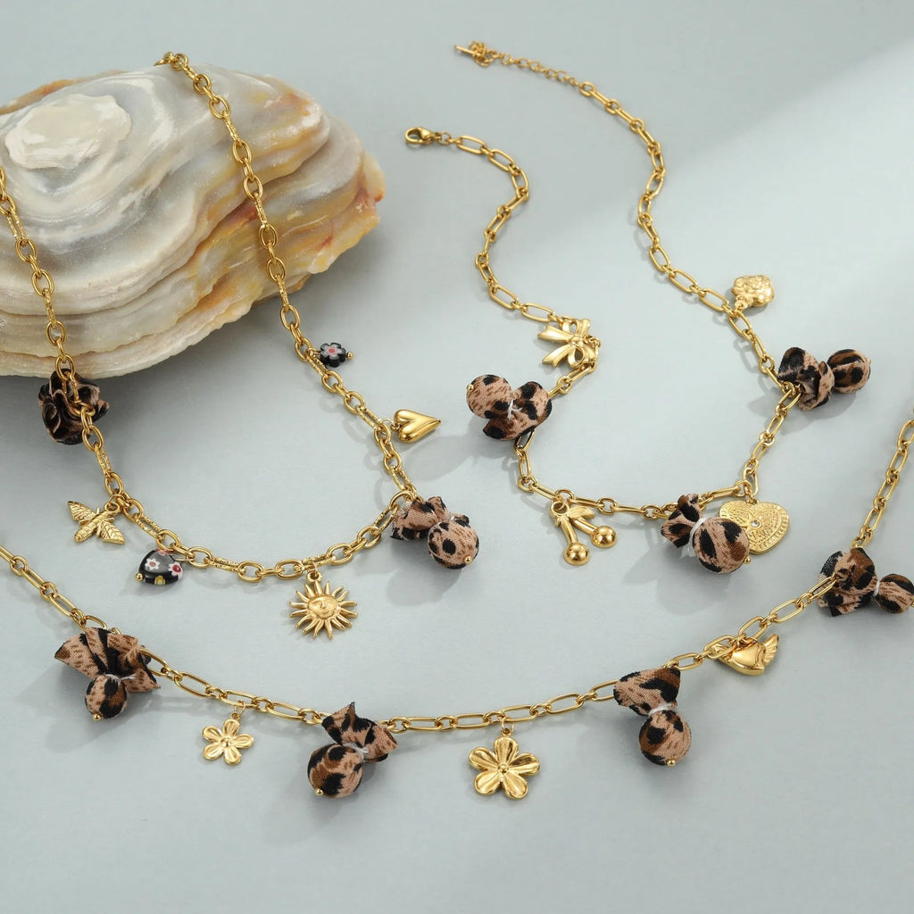 Leopard pendant necklace with love heart flowers on stainless steel chain