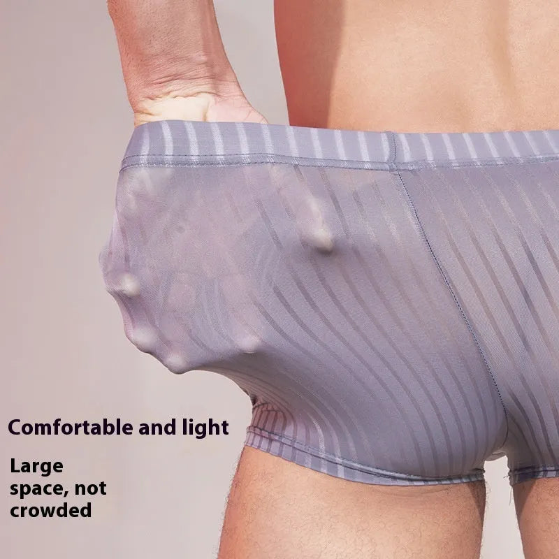 Men's black and white striped thin nylon underwear laid flat.