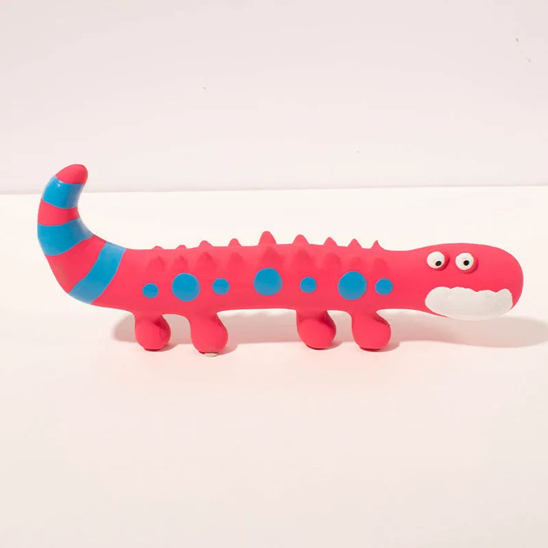 Green cartoon lizard-shaped dog chew toy with squeaker function on white background