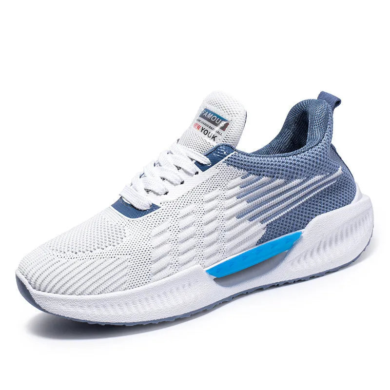 Men's blue casual sports mesh shoes with cloth upper and plastic sole