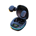 Black true wireless Bluetooth in-ear headphones with charging case showing earpieces and USB cable