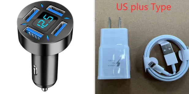 Four-port USB car charger with LED digital display showing voltage reading