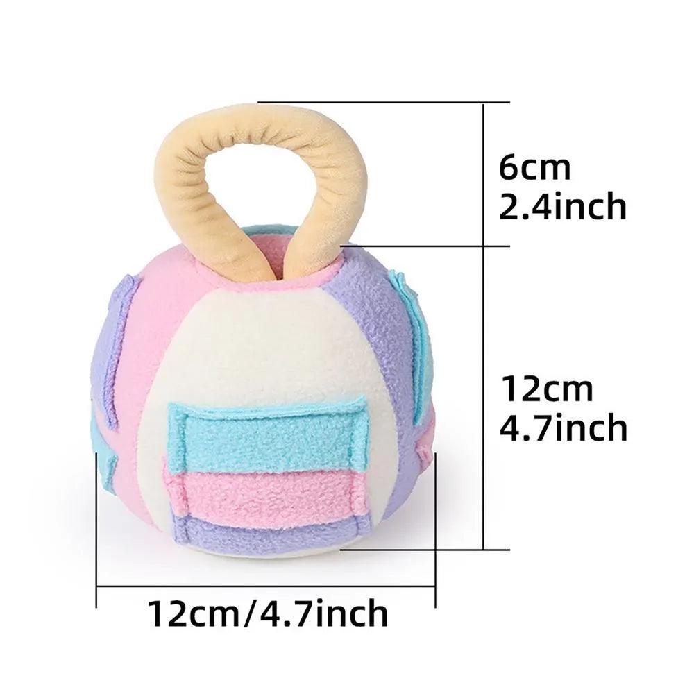 Green or pink polyester dog squeaky plush ball toy with treat pockets measuring 12x12x18cm