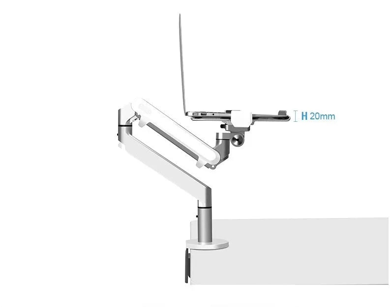 Black aluminium laptop stand with adjustable air pressure arm holding a notebook computer