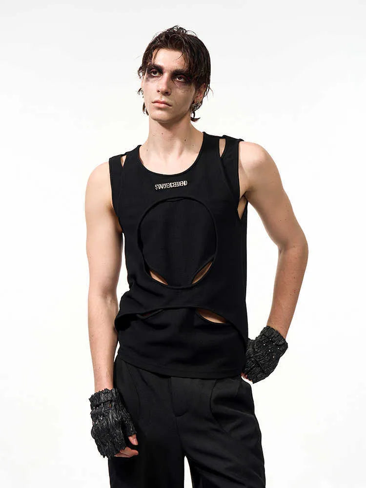 Men's black sleeveless waistcoat with round collar and pullover design