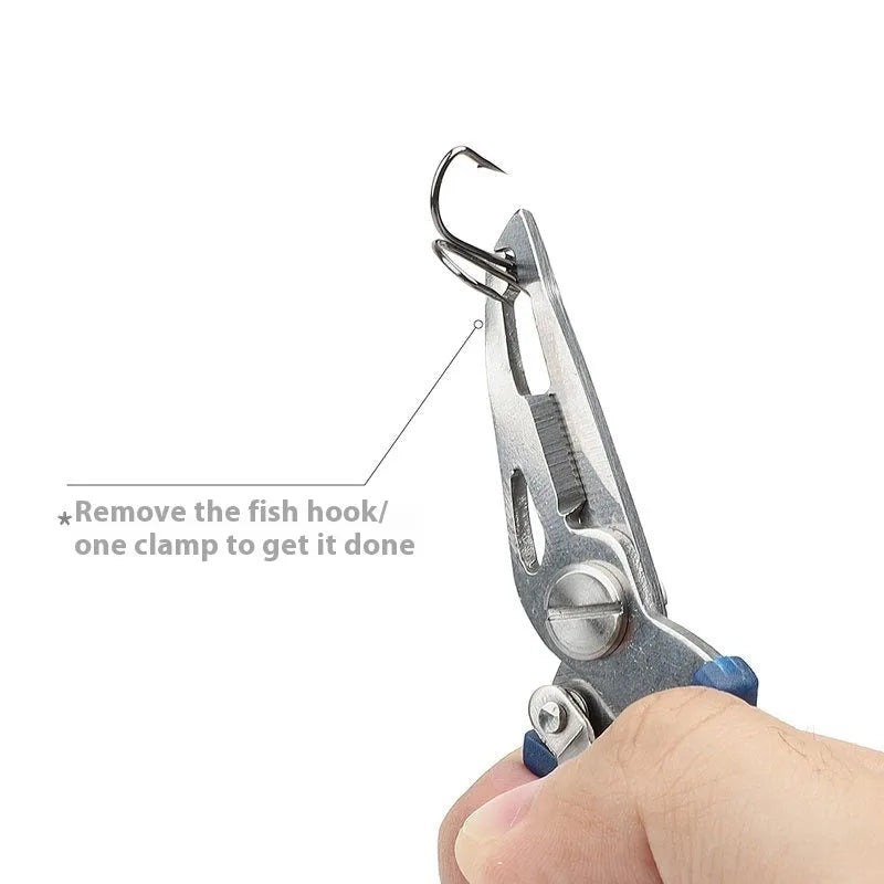 Stainless steel curved mouth lure cable cutters in black with split ring opener function