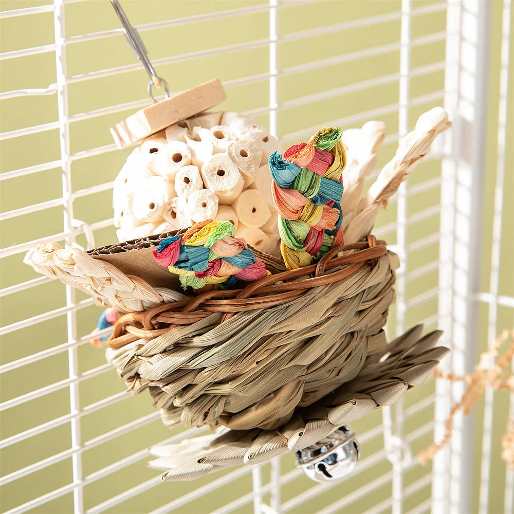 A wooden parrot gnawing toy for beak trimming and enrichment, shown with type options.