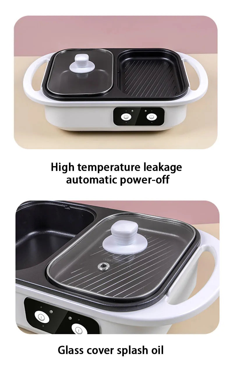 White and green dual-function electric hot pot and frying oven appliance with mechanical controls