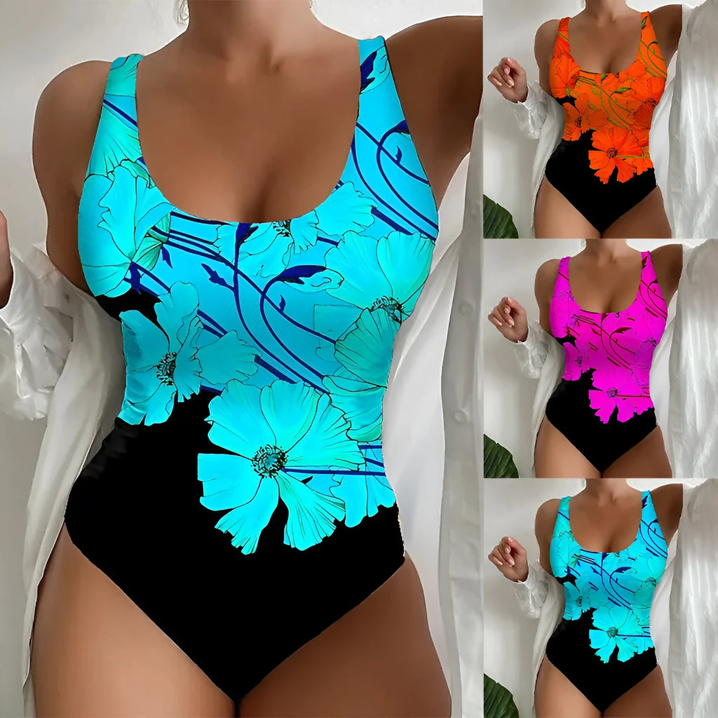 Women's tight one-piece swimsuit with 3D printed pattern in orange red, blue, or purple.