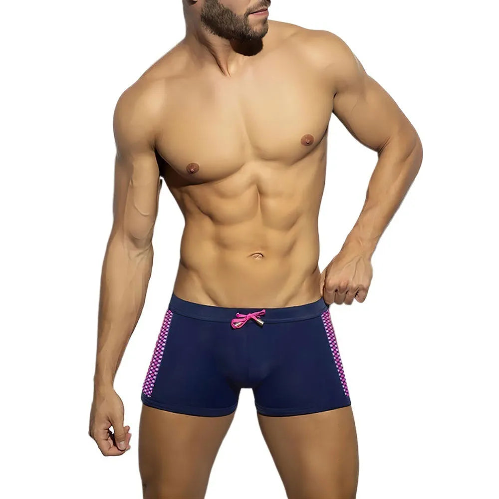Men's polka dot print swimming boxers in quick-drying nylon fabric.