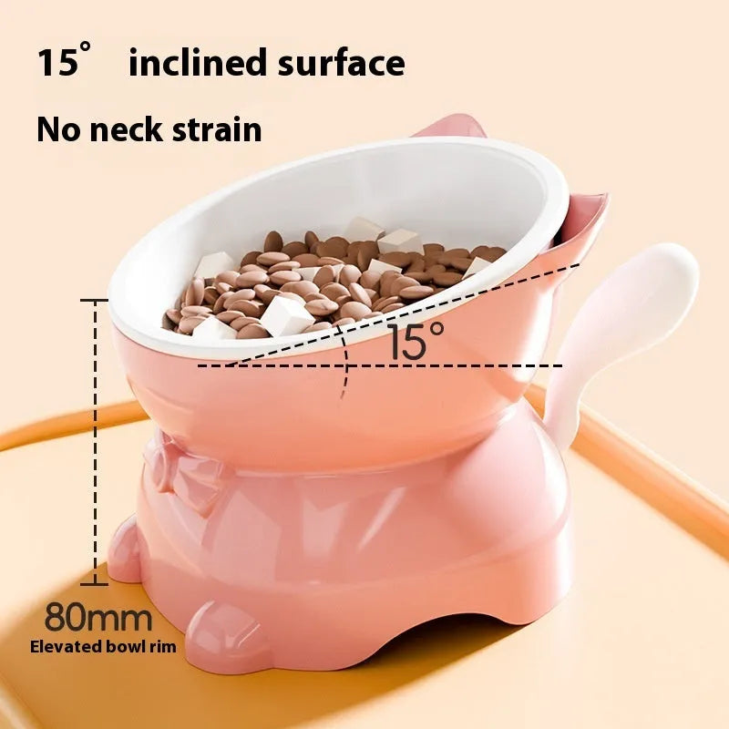 Stainless steel oblique cat bowl with non-slip base in black, blue, pink, or yellow.